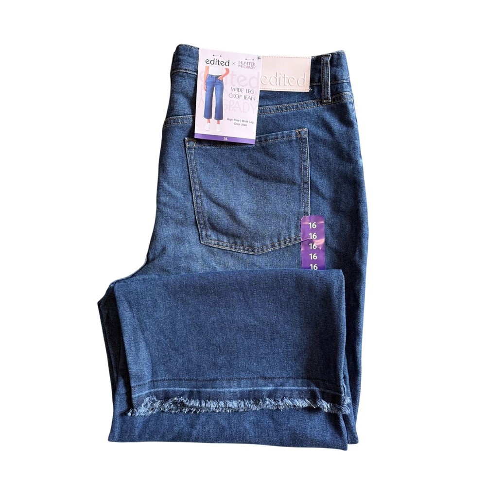 Edited x Hunter McGrady Wide Leg Crop Jean High Rise Frayed Hem Blue Size 16 NWT